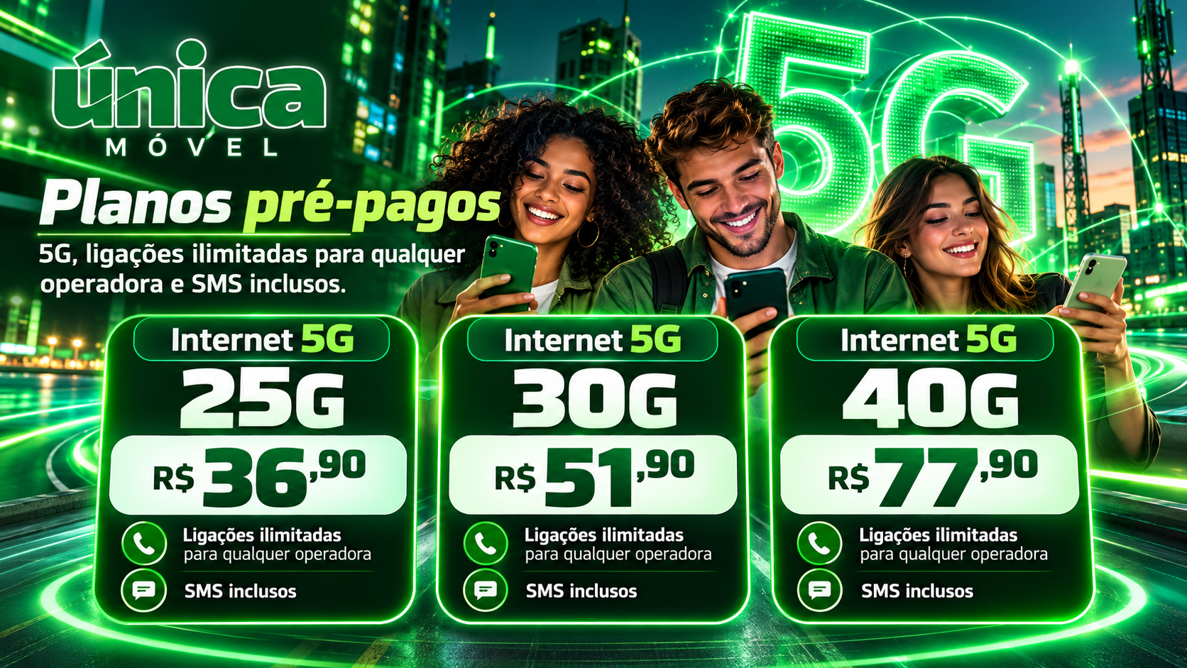 Planos pré-pagos Única Móvel 25GB, 30GB e 40GB com ligações ilimitadas e SMS